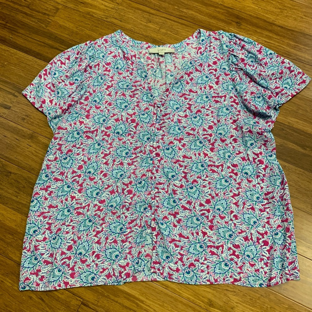 LOFT Womens Floral Print V Neck Short Sleeve Blouse Top Size XL Pink Blue Button